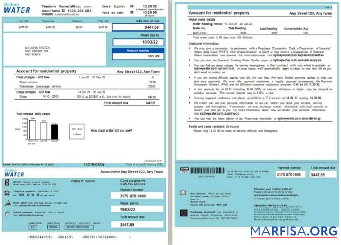 Realistic Australia Sydney Water utility bill, Word and PDF template, 2 pages